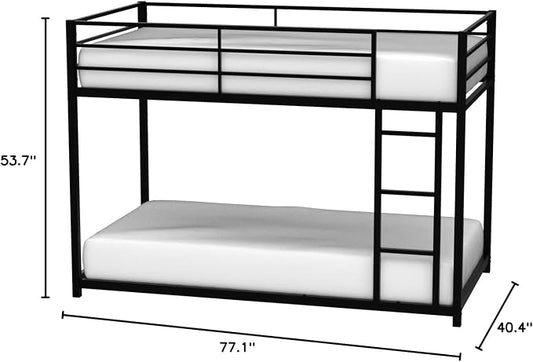 Low Metal Bunk Bed Frame for Kids, with Built-in Ladder, High Guardrail and Metal Slats, Floor Bed Bottom Bunk, No Boxspring Required, for Small Spaces, Twin-Over-Twin (Black)