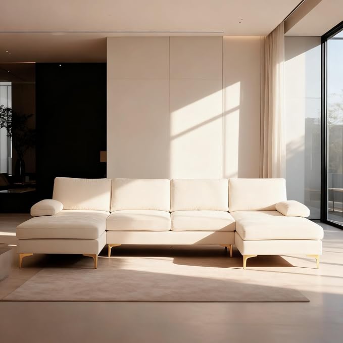 Karl home Convertible Sectional Sofa 110" U-Shape Sofa Couch 4-Seat Couch with Chaise ChenilleFabric Upholstered for Living Room, Apartment, Office, Creamy White