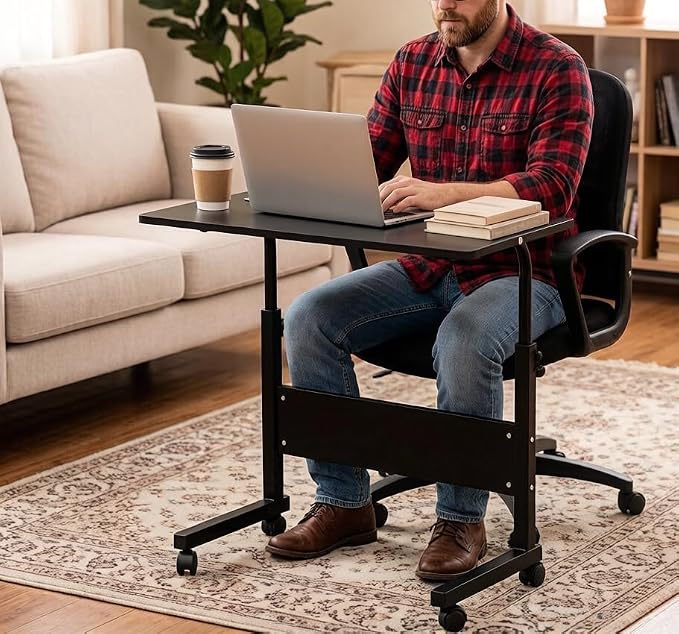 Standing Desk - Adjustable Height Side Table, Portable Laptop Cart, C-Shaped Bed Couch End Table with Edge Stopper and Wheels for Living Room Bedroom Walking Pad Treadmill, 31.5 Inch, Black