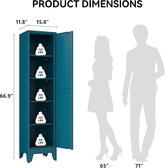 COFaR 67" Metal Narrow Storage Cabinet, Peacock Blue Slim Storage Cabinet with Magnetic Door & 4 Adjustable Shelves, Slim Freestanding Cupboard for Bathroom, Kitchen