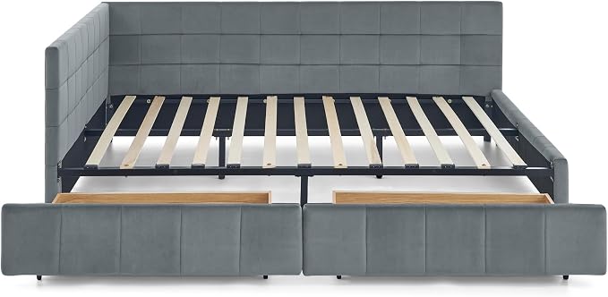 Bellemave Queen Size Corner Bed Frame with Storage Drawers, Comfortable Backrest and Armrests, Velvet Tufted Corner Bed Frame Queen Size, Upholstered Daybed for Bedroom, Living Room, Guest Room, Gary