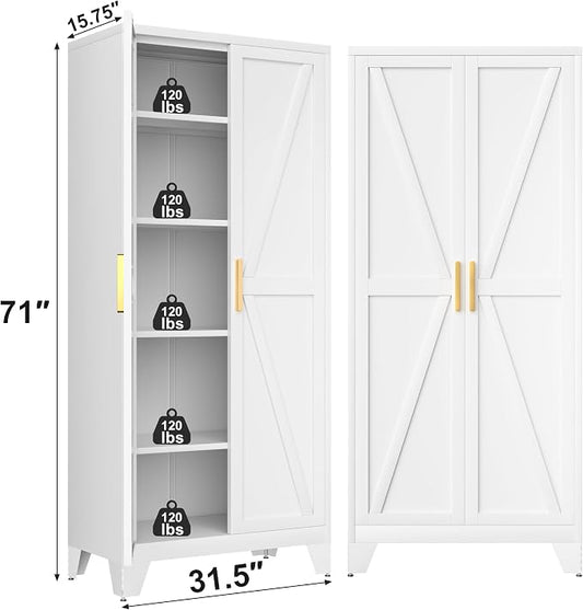 Baborokic 71H Tall Metal Storage Cabinet with 2 Doors and Adjustable Shelves,Farmhouse Storage Cabinet with Barn Doors,Pantry Storage for Home,Office,Dining Room,Kitchen(White)