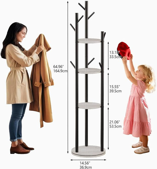 Espelism Rotary Coat Rack Freestanding Metal Coat Hall Tree Stand with 4 Tiers Storage Display Shelf and 9 Hooks for Entryway Bedroom Corner Office Garment Clothes Holder (Grey)