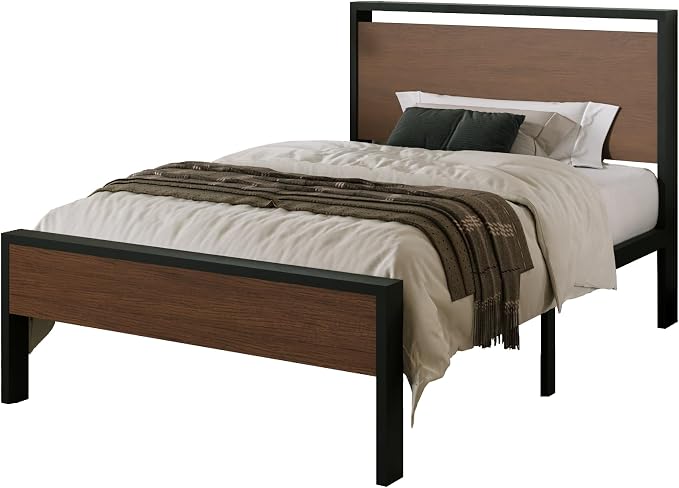 Allewie Twin Size Platform Bed Frame with Wooden Headboard and Footboard, Heavy Duty Metal Slats Support, No Box Spring Needed, Under-Bed Storage, Noise Free, Easy Assembly, Walnut