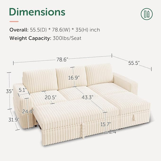 HONBAY Modular Sectional Sofa with Pull Out Bed,Corduroy L Shaped Sleeper Sofa with Storage, Sectional Couches for Living Room,Beige