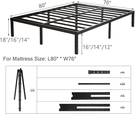 Wulanos King Size Bed Frame with Steel Slats Support, Sturdy and Durable, No Box Spring Needed, 16 Inch High 3500lbs Heavy Duty Metal Platform Frames with Storage, Noise-Free, Black
