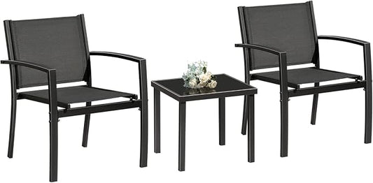 Greesum 3 Pieces Patio Furniture Outdoor Bistro Set Textilene Fabric Chairs for Lawn, Garden, Balcony, Poolside with A Glass Coffee Table, Black