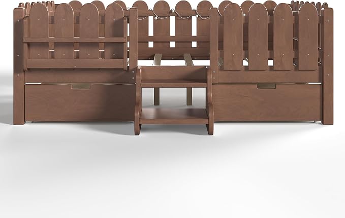 Bellemave Full Size Montessori Bed with Stairs, Lights, Rails and Slats, Full Size Montessori Floor Bed with Bookshelf and 2 Storage Drawers, Easy Assemble Beds Frame for Girls, Boys, Natural