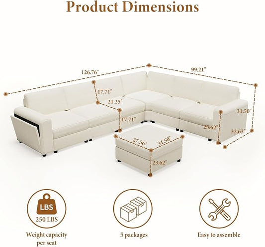 Vesgantti Oversized Modular Sectional Sofa, 6-Seater Chenille L Shaped Modular Couch with Ottoman, Storage Armrests, Large Comfy Sectional Couches for Living Room, Apartment, Beige