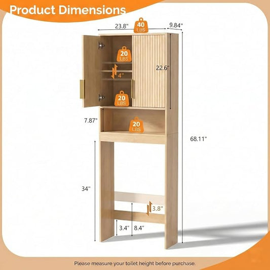 VINGLI Over The Toilet Storage Cabinet with Fluted Doors, Mid Century Modern Bathroom Organizer Over Toilet, Freestanding Wooden Space Saver Stand with Adjustable Shelves, Natural Oak