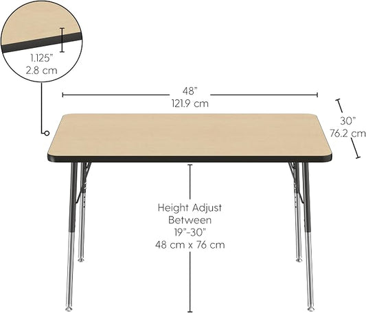 FDP Rectangle Activity School and Office Table (30 x 48 inch), Standard Legs with Swivel Glides, Adjustable Height 19-30 inches; Quick Ship Single Box - Maple Top and Black Edge