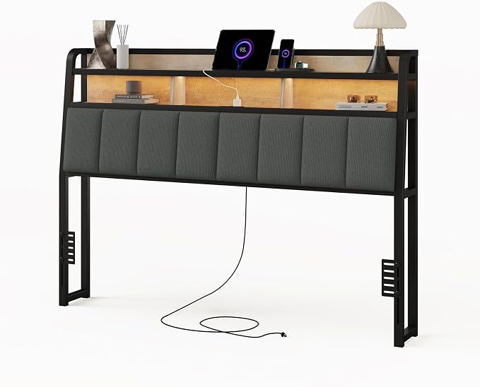Queen Headboard Only with Storage, Upholstered Headboards for Queen Size Bed with LED Light, Charging Station, Height Adjustable, Sturdy and Stable Headboard, Black & Brown