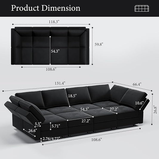 Vesgantti Sectional Sleeper Sofas with Storage, 118" Sofa Bed with 8 Seats Storage Chaises Removable Cover, Deep Seat Modular Couches Velvet Couch Set for Living Room, Apartment, Home Theater, Black
