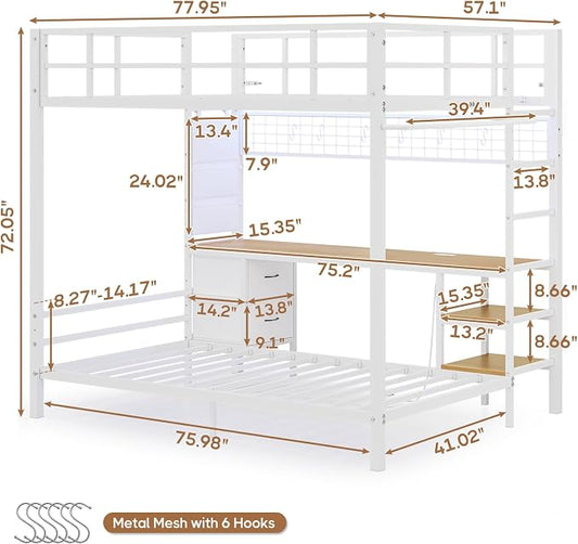 DICTAC Bunk Bed Full Over Twin with Desk and Led Lights Metal Full Over Twin Size Bunk Bed with Charging Station,Storage Shelves and Drawer,Bunk Beds for Teen/Adult with Safety Guard & Ladder,White
