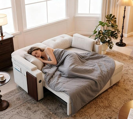 73" Queen Size Sofa Bed, Loveseat Sleeper Sofa with Pull Out Bed, 360° Swivel Table and USB, Modern 2 Seater Convertible Corduroy Couch for Living Room Bedroom Apartment, Beige