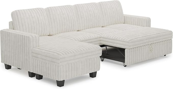 Belffin Modular Sectional Sofa with Storage Chaise Corduroy Sleeper Sofa with Pull Out Bed L Shaped Couch for Living Room. Apartment Couch. Beige