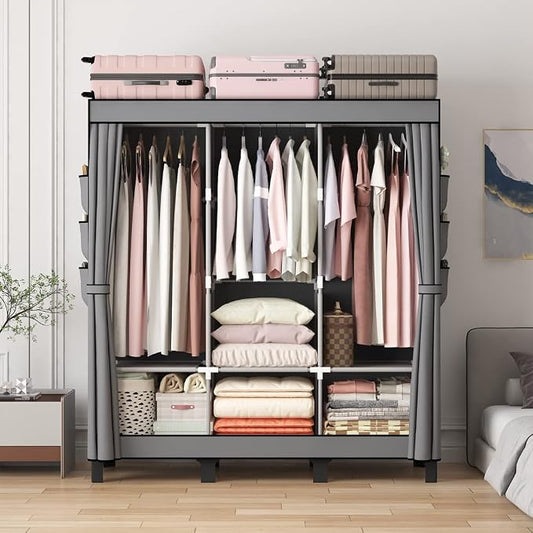 Portable Closet, 51.18" Large Capacity Clothing Storage Organizer with 3 Hanging Rods 6 Shelves 18 Side Pockets, Dustproof Sturdy Wardrobe for Bedroom Dorm Rental Apartment (Grey, Large)