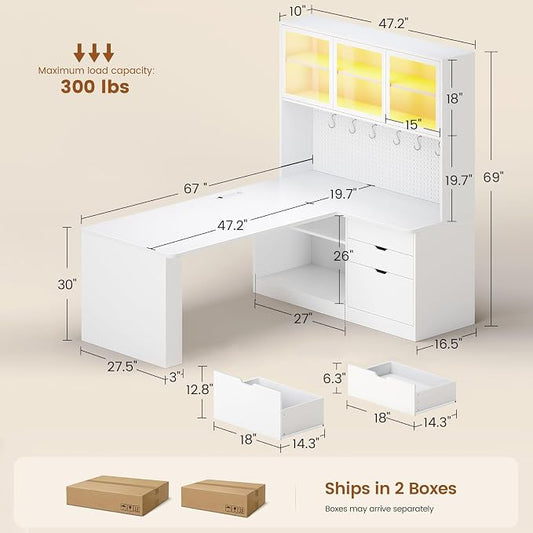 SEDETA L Shaped Computer Desk, L Shaped Corner Gaming Desk with 3 Wood Drawer and Large Bookshelf, Home Office Desk with LED Light, Display Cabinet and Pegboard, 27.5" W Large Desktop Table, White