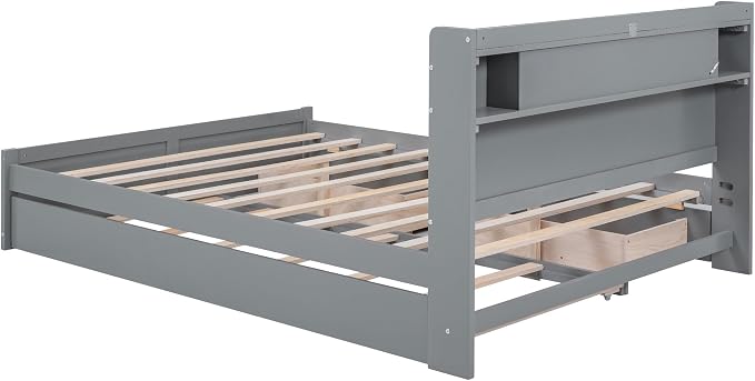 GDFStudio Queen Size Storage Bed with LED Headboard, 2 Drawers and Twin Trundle, Modern Wooden Platform Bed Frame for Bedroom Organization, No Box Spring Needed, Easy Assembly, Gray