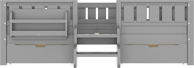 Bellemave Full Size Kids Montessori Bed with Stairs and Bookshelf,Solid Wood Full Size Kids Bed Frame with Drawers and Storage for Girls Boys,Low-Profile,Gray