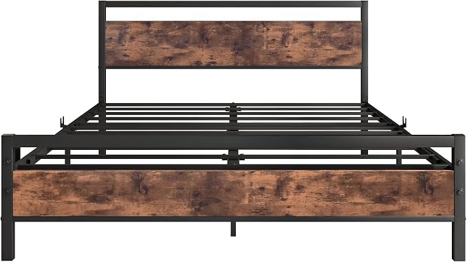 BOFENG Black Queen Size Bed Frames with Wood Headboard,Heavy Duty Platform Bed Frame with Storage No Box Spring Needed,Mattress Foundation,Strong Steel Slats,Noise Free,Brown