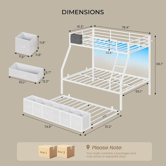 BTHFST Bunk Bed Twin Over Full with Trundle, LED Lights Bunk Beds with 6 Large Storage Drawers, Metal Bunk Beds with Ladder and Full-Length Guardrail, Space Saving, White