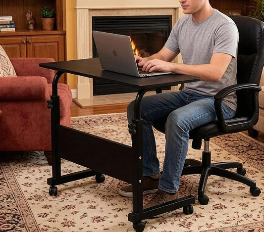 Standing Desk - Side Table Adjustable Height, Portable Laptop Cart, C-Shaped Bed Couch end Tables with Edge Stopper - Wheels for Living Room Bedroom Walking Pad Treadmill 23.6Inch Black