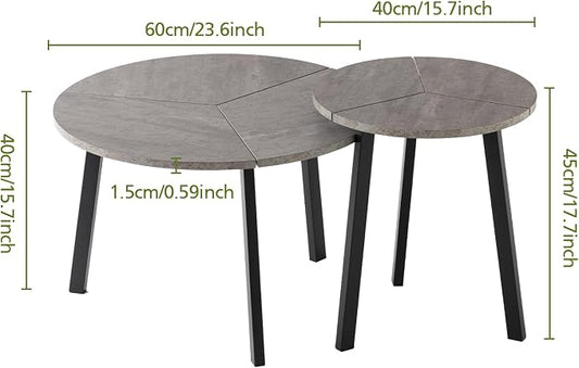 COSIEST Small Coffee Table Set of 2, Round Coffee Table with Sturdy Metal Base, Nesting Coffee Table for Living Room, Bedroom, Office (Gray & Black)
