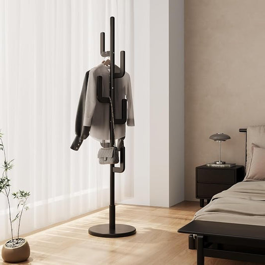 Muwuele Solid Wood Cactus Coat Rack, Freestanding Coat Rack With 6 L-Shaped Hooks and 3 Adjustable Sizes, Coat Tree for Bedroom, Entryway, Livingroom, Coat Hanger Stand for Coats, Handbags (Black)