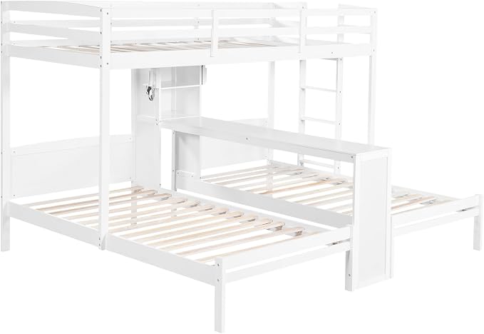 VilroCaz Twin Over Twin & Twin Bunk Bed with Built-in Desk and Storage Shelves, 3 Beds in 1 Design Solid Wood Triple Bunk Bed with Reading Lamp and Guardrails for Kids Teens Aldults (White-2.14)