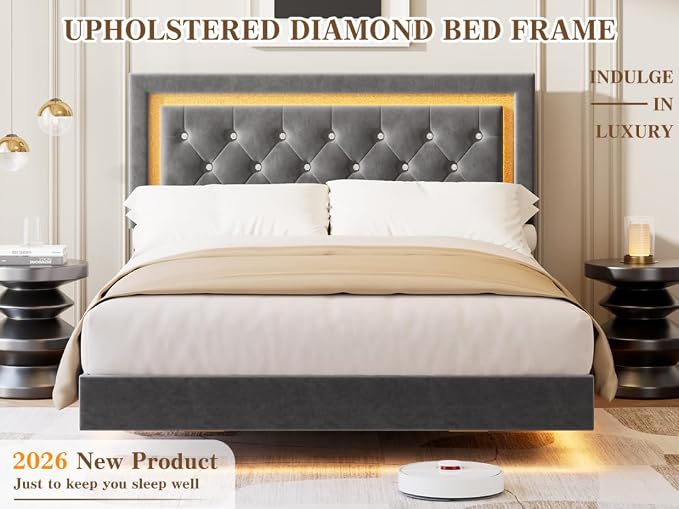 Garvee Floating Bed Frame Queen Size with Smart Led Lights, Upholstered Platform Bed with Diamond Headboard, Solid Wood Slats Support, No Box Spring Needed, Noise-Free, Easy Assembly, Grey