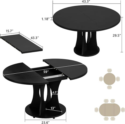 Einhomn 43-59" Extendable Round Dining Table, Kitchen Table for 4-8, Farmhouse Circle Dining Room Table with Removable Leaves,Hidden Storage, Space Saving Wood Kitchen & Dining Room Furniture, Black