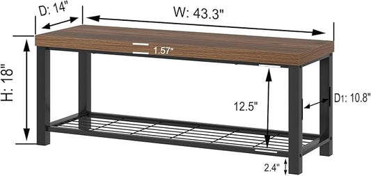 FOLUBAN Modern Entryway Bench - Rustic Wood and Metal Shoe Storage for Hallway Front Door Entrance, Industrial Indoor Seat for Bedroom Living Room, 43 Inch Walnut