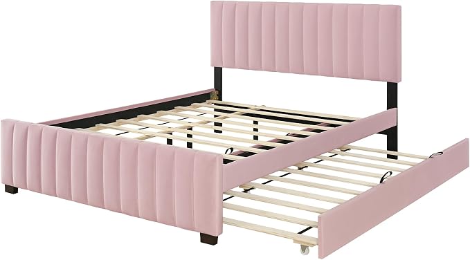 Ball & Cast Queen Bed Frame with Twin XL Size Trundle,Velvet Upholstered Platform Bed Frame Queen Size with Channel Tufted Headboard,Wood Slats Support,No Box Spring Needed,Easy Assembly,Pink