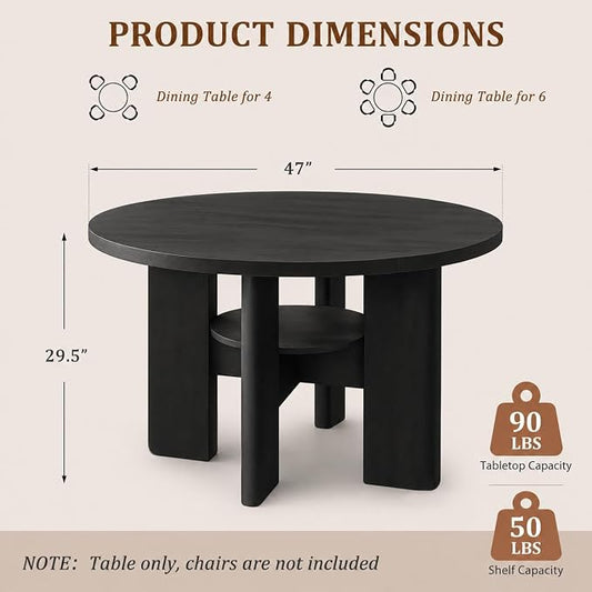 47" Round Dining Table for 4-6 People, Modern Wood Kitchen Table with Sculptural Curved Pedestal Base, 1.57" Thick Tabletop, Storage Shelf, Dining Room Table for Apartment,Black Grey