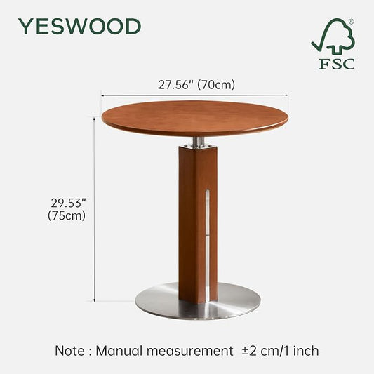 YESWOOD 27.6’’ Small Round Dining Table for 2-3, Solid Wood Circle Kitchen Table with Steel Base, Mid Century Modern Dining Table for Dining Room, Living Room, Coffee, Pub, Teak