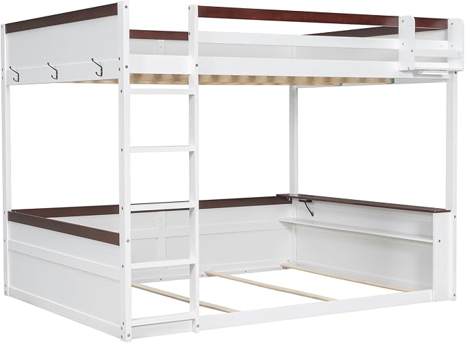 RUNNA Queen Bunk Bed with Shelves,Storage Box,LED,USB Charging,White | Queen bunk bed with shelves, storage box,LED light,USB charging, solid wood frame,guardrails,no box spring needed,white