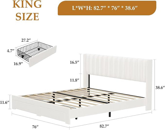 GAOMON King Size Velvet Upholstered Platform Bed with Storage Drawers, Wingback Headboard, No Box Spring Needed, Cream White