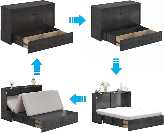 Mjkone 63" Width Queen Size Murphy Bed Cabinet with USB Charging Station, Modern Murphy Cabinet Beds with Drawers, Chest Cabinets Wall Beds for Home Apartment, Dark Grey