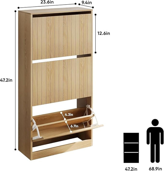 Shoe Storage Cabinet with Vertical Groove Doors 3 Flip Drawers, Narrow Shoe Cabinet Storage for Entryway, Shoe Organizer Cabinet, Slim Shoe Rack Cabinet (Oak)