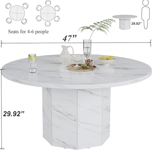 HSH Round Dining Table for 4-6, 47” White Faux Marble Dinner Table only, Modern Circle Kitchen Table for Home Living Room, Industrial Wood Dining Room Table with Octagon Base, White Marble