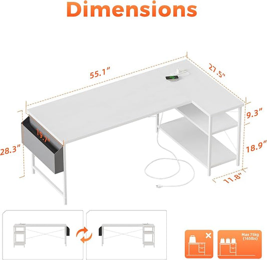 Mericonia Small L Shaped Computer Desk with Power Outlets, Reversible Gaming Desk with Storage Shelves, Corner Gamer Desk Table, Study Writing Table