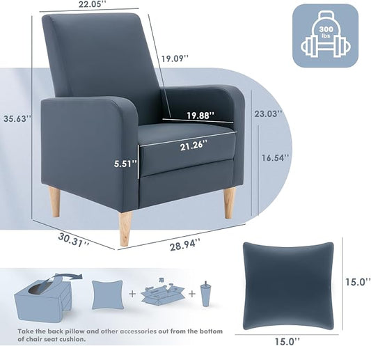 COLAMY Mid-Century Modern Upholstered Accent Chair with Back Pillow & Solid Wood Legs, Leather Cozy Armchair for Living Room, Bedroom, Reading Nook, Apartment & Small Spaces, Blue