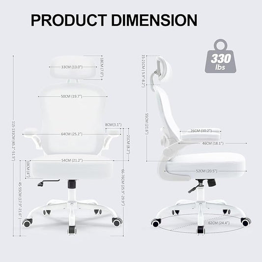 Ergonomic Office Chair,Ultra Thick Spring Cushion Desk Chair,White | Adjustable Lumbar Support and Headrest,Flip-up Arms,Rocking Function,Mesh Home Office Computer Chair