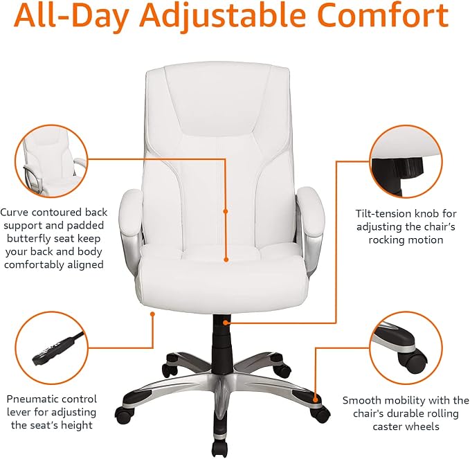 Amazon Basics Executive High Back Office Desk Chair, Adjustable Height, Tilt, Swivel, 275lb Capacity, Bonded Leather, White/Pewter