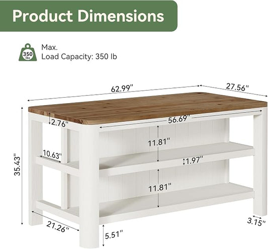 63-Inch Solid Wood Kitchen Island with Storage Shelves, Farmhouse Island Table with Seating, Counter Height Bar Table for Dining Room, Kitchen, Easy to Assemble, Brown and White