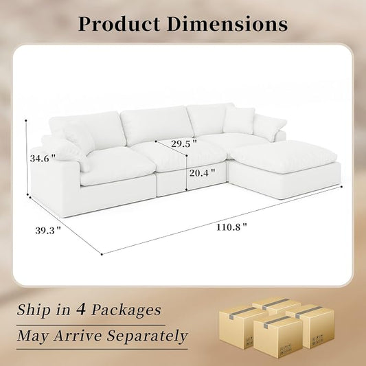 Modular Sectional Sofa Cloud Couch,Down Filled Comfy Cloud Modern Sofa,White Linen L Shape Oversized Couch Cushion Covers Removable Furniture for Living Room