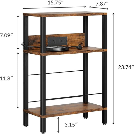 DGSANDGO Narrow Side Table (Rustic Brown) - Nightstand with Charging Station (2 USB + 1 AC Outlet), 3-Tier End Table for Balcony/Kid's Room/Bedroom