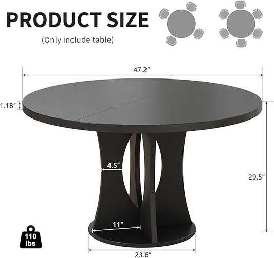iPormis 47 Inch Round Dining Table for 4-6 People, Wooden Dining Room Table with Pedestal Base, Modern Kitchen Table for Small Spaces, Black, Table Only
