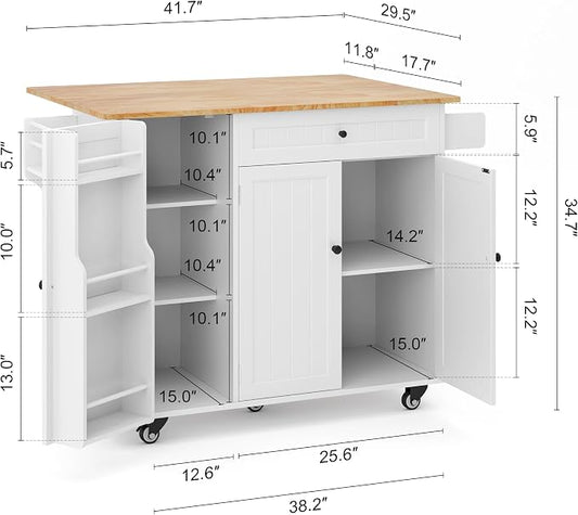 Ahomly Kitchen Island with Storage, Island Table for Kitchen with Drop Leaf, 5 Wheels, Interal Storage Rack, a Drawer, Spicy Rack and Towel Bar, Sufficient Countertop Space and Storage, White